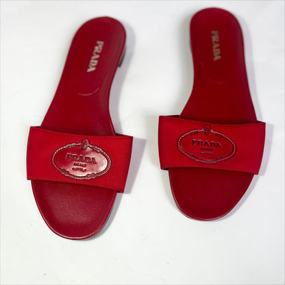 Vintage Prada Leather & Nylon Slide Sandals in Red - UK 6