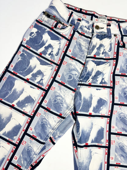 90's Moschino VSH Print Jeans in Blue White and Red - W28"