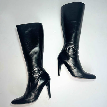 00's Leather Knee High Stiletto Boot with Ring Detail in Black - UK 5