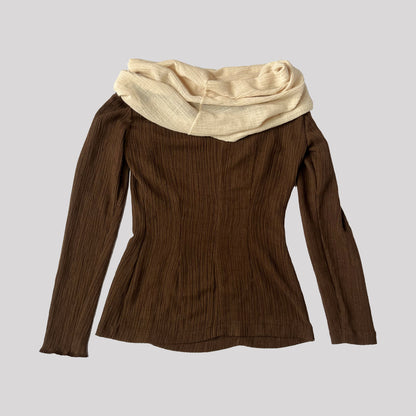 00's Longsleeve Top with Hood in Brown & Cream - S