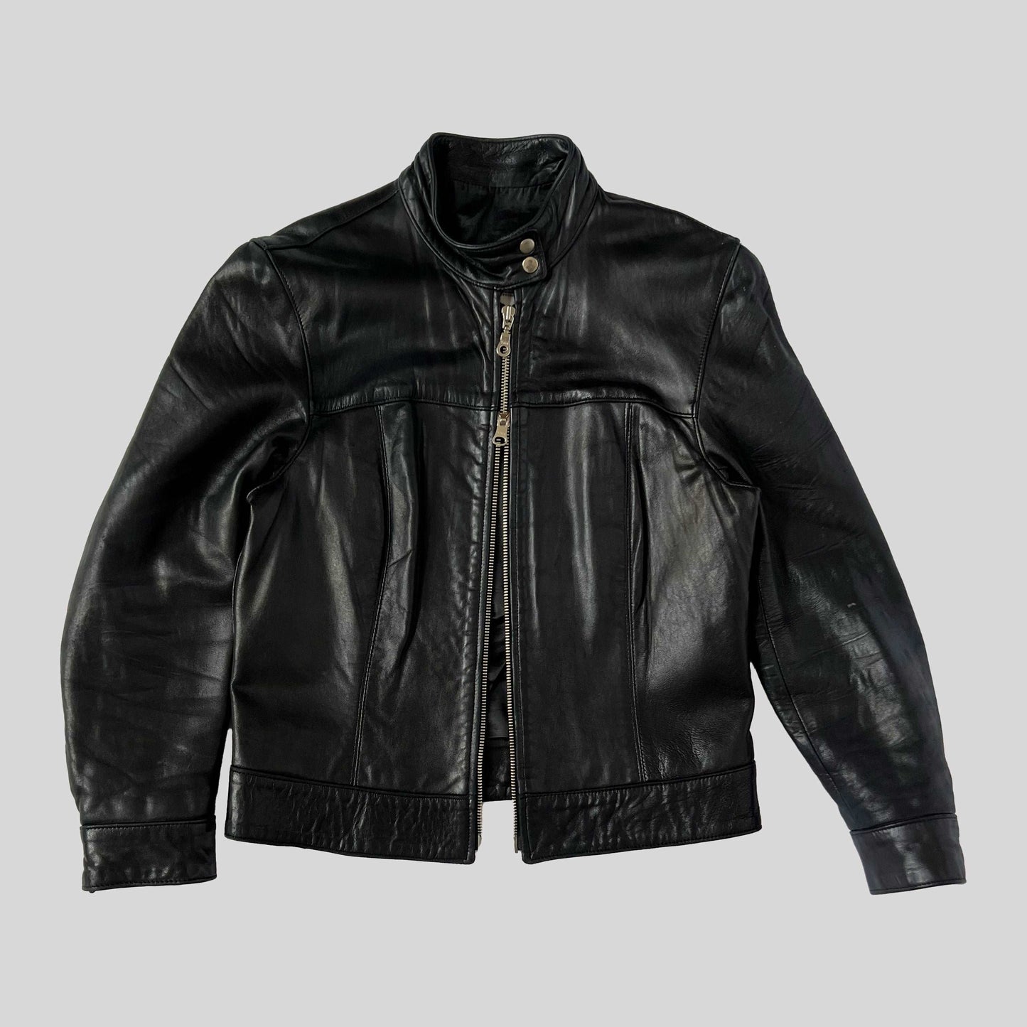 00's Leather Moto Jacket with Double Way Zip - S/M