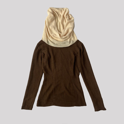 00's Longsleeve Top with Hood in Brown & Cream - S