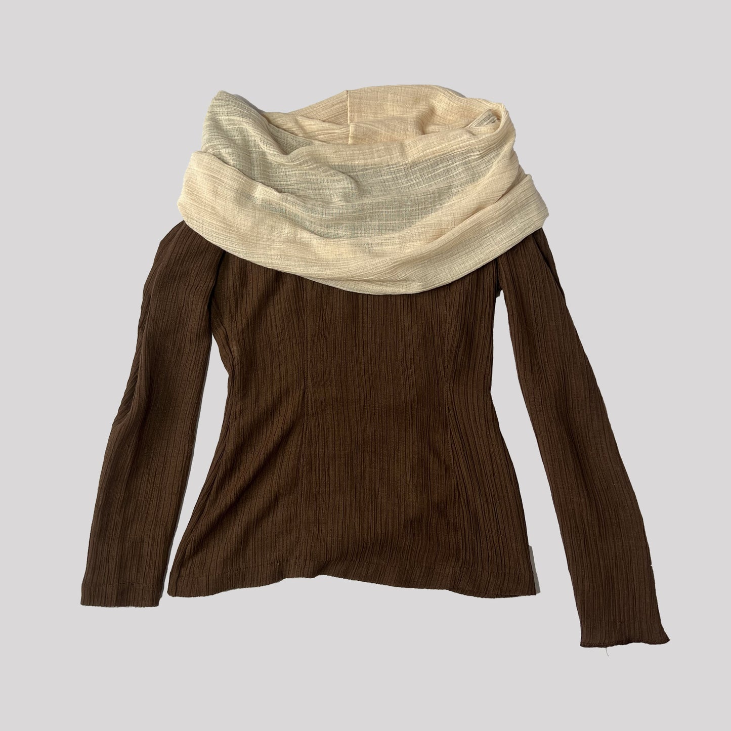 00's Longsleeve Top with Hood in Brown & Cream - S