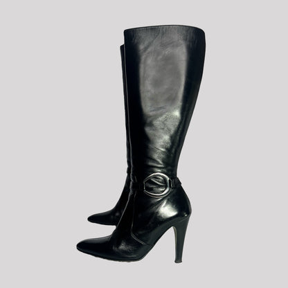 00's Leather Knee High Stiletto Boot with Ring Detail in Black - UK 5