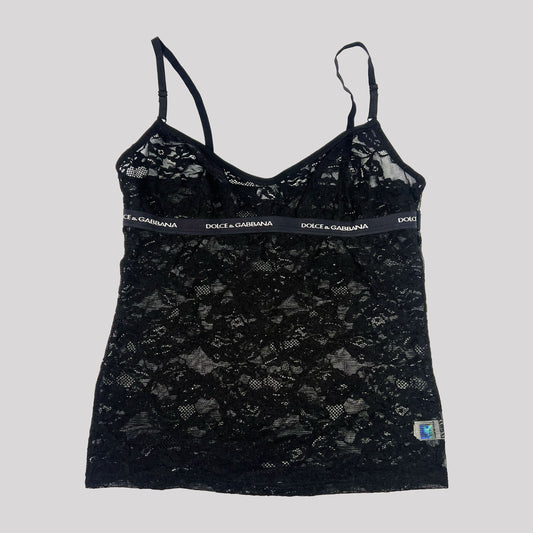 Vintage D&G Black Lace Cami Vest with Spell Out Elastic - XL