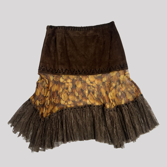 Dolce & Gabbana 2002 Fall Suede Midi Skirt with Lace & Sheer Panels - IT 26