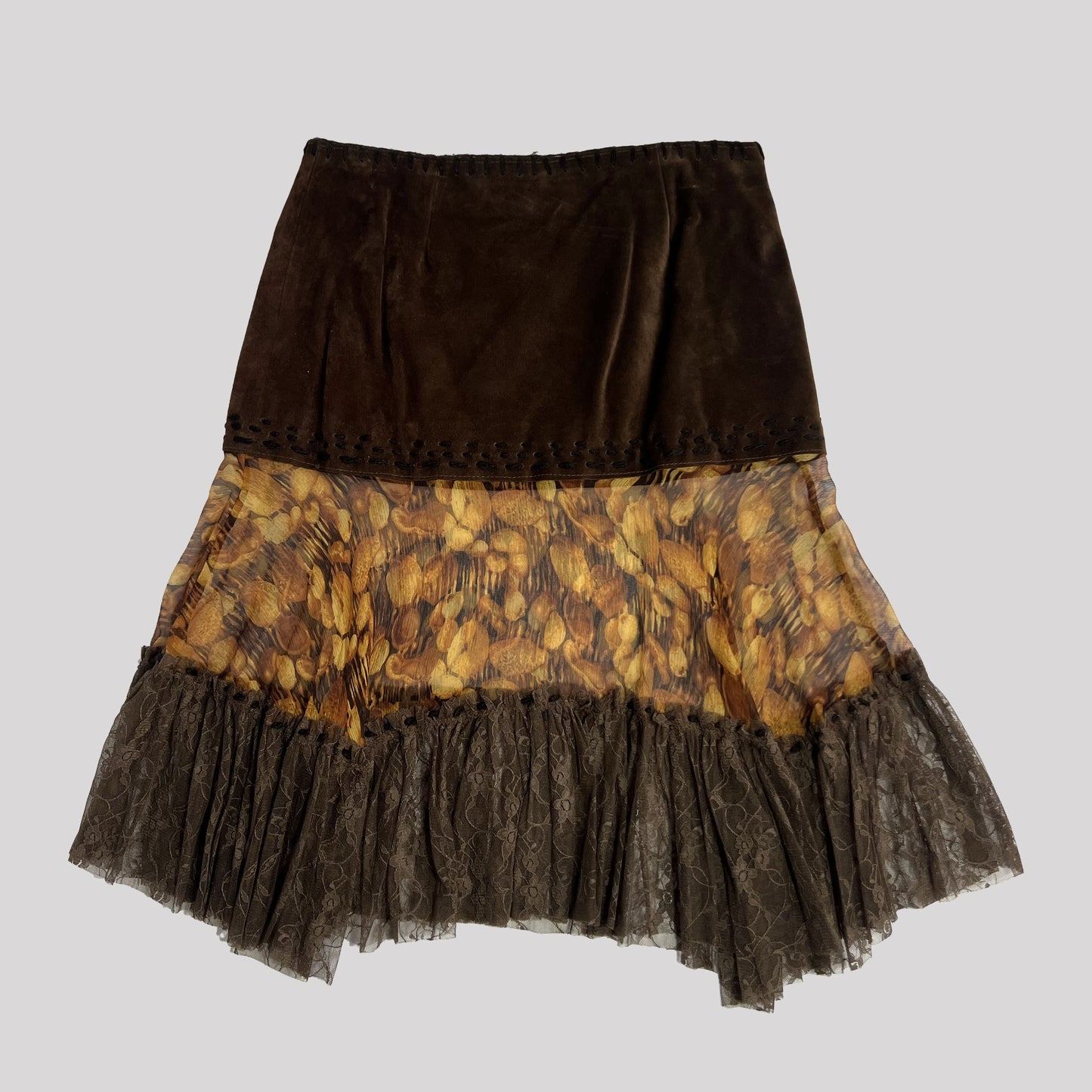 Dolce & Gabbana 2002 Fall Suede Midi Skirt with Lace & Sheer Panels - IT 26