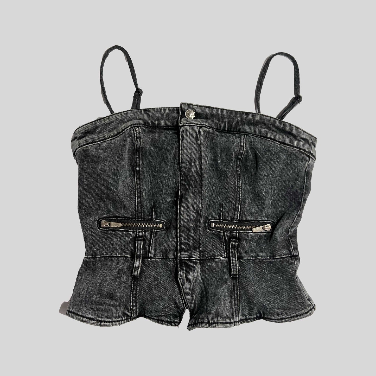 00's Miss Sixty Denim Bustier Top with Zip Detail in Black - S