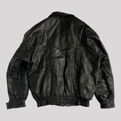 Vintage Leather Bomber Jacket with Utility Pockets in Black - L