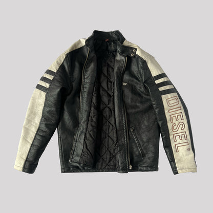 00's Diesel Leather Moto Jackets with Embroidered Logo & Stripe Detailing - M