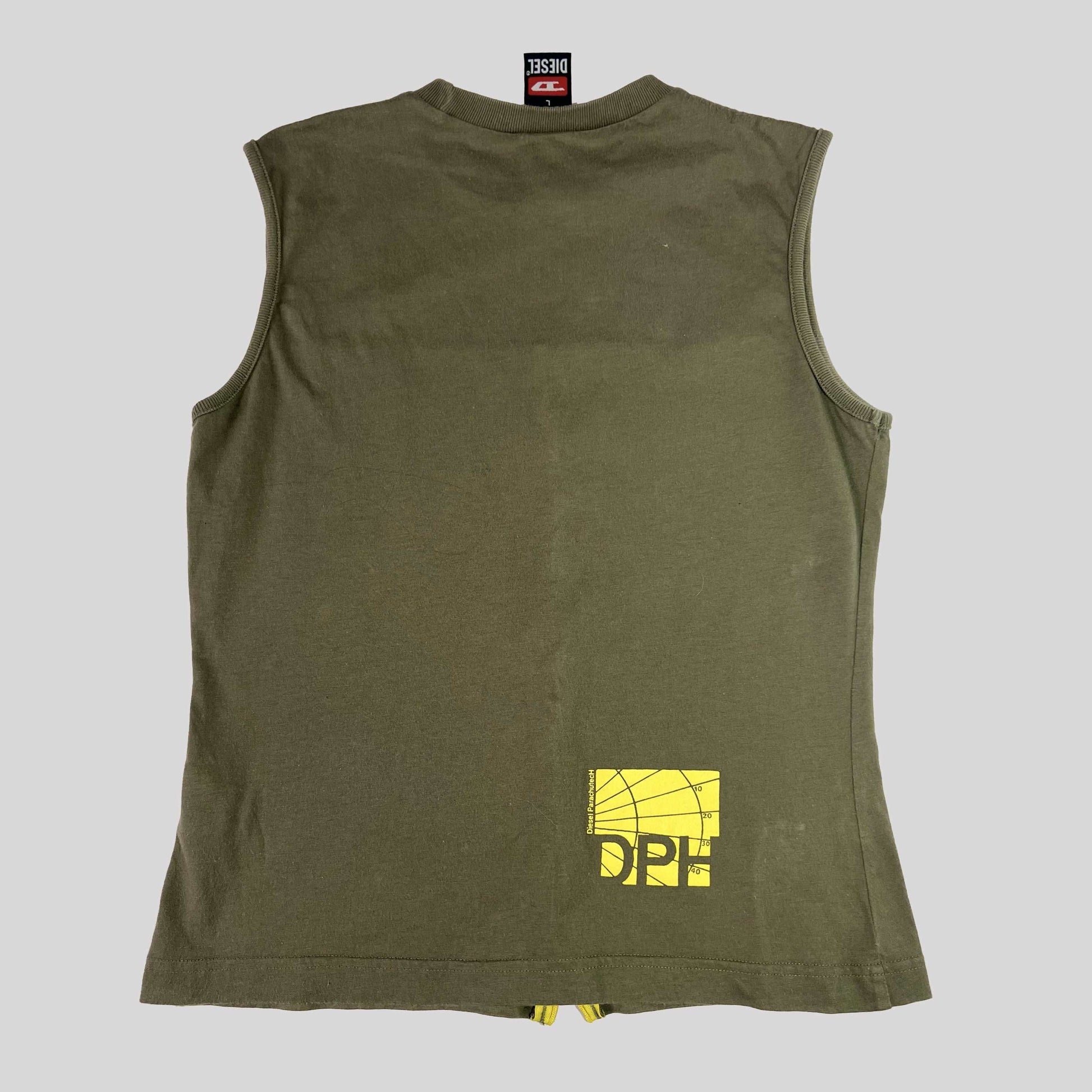 00's Khaki Diesel ParachutecH Printed Tank Top with Zip in Khaki / Yellow - L