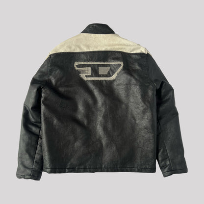 00's Diesel Leather Moto Jackets with Embroidered Logo & Stripe Detailing - M