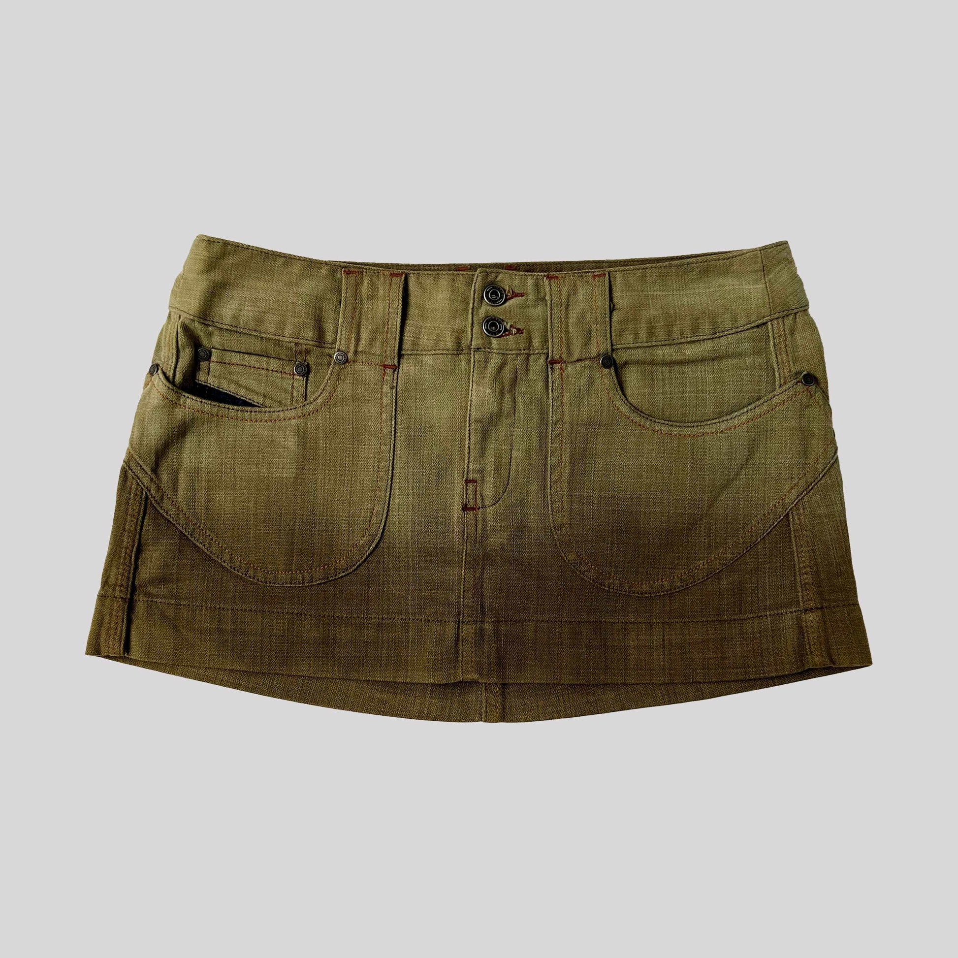 00's Diesel Micro Mini Skirt with Dip Dye Effect in Khaki - w30"