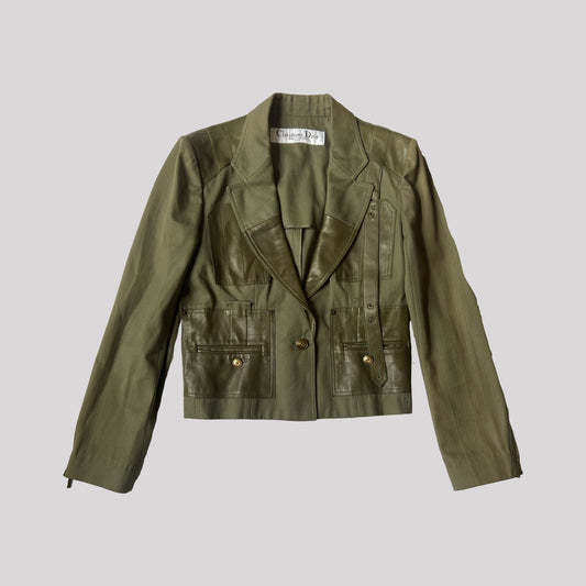 Late 90s Christian Dior Leather Panel Military Blazer Jacket - M