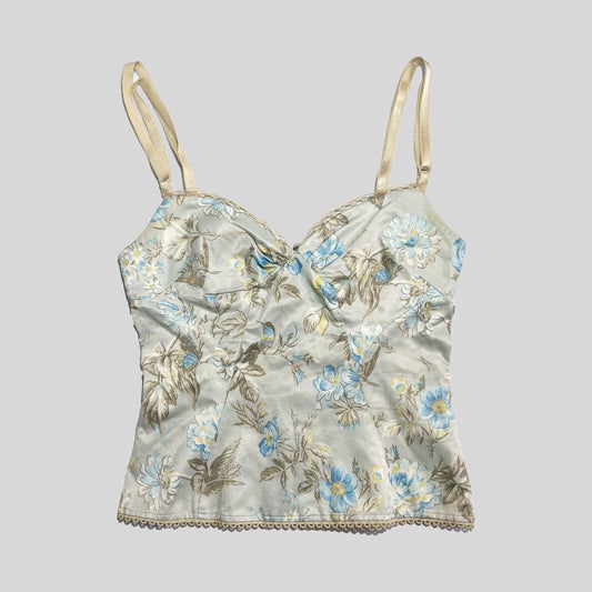 00's Dolce and Gabanna vintage corset top with blue floral bird print - S