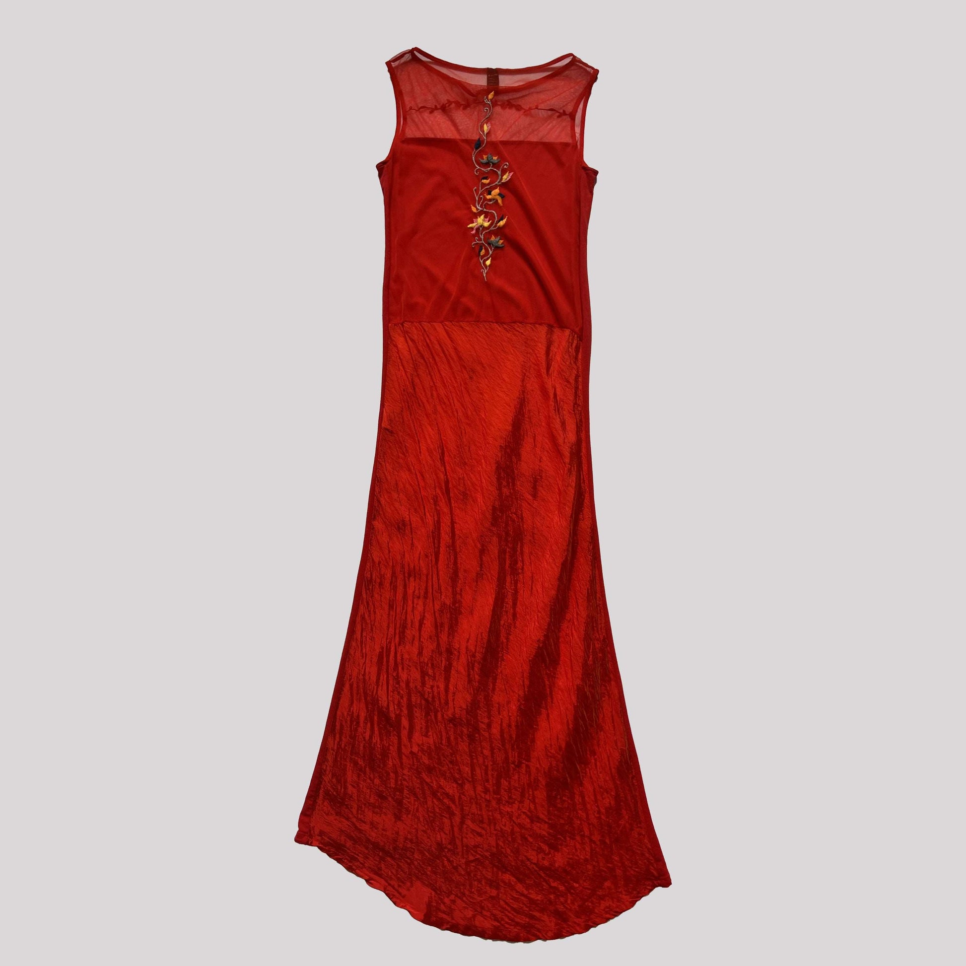 00's Eplay Embroidered Full Length Dress with Mesh in Red - L