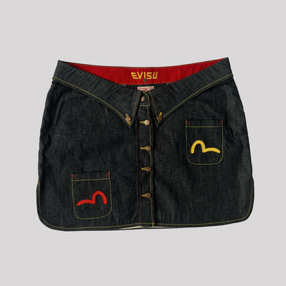 00's Evisu Denim Mini Skirt with Shirt Collar Waistband - XL