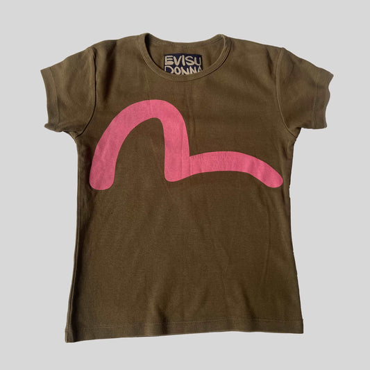 00's Evisu Donna Baby Tee in Khaki with Pink Logo - M