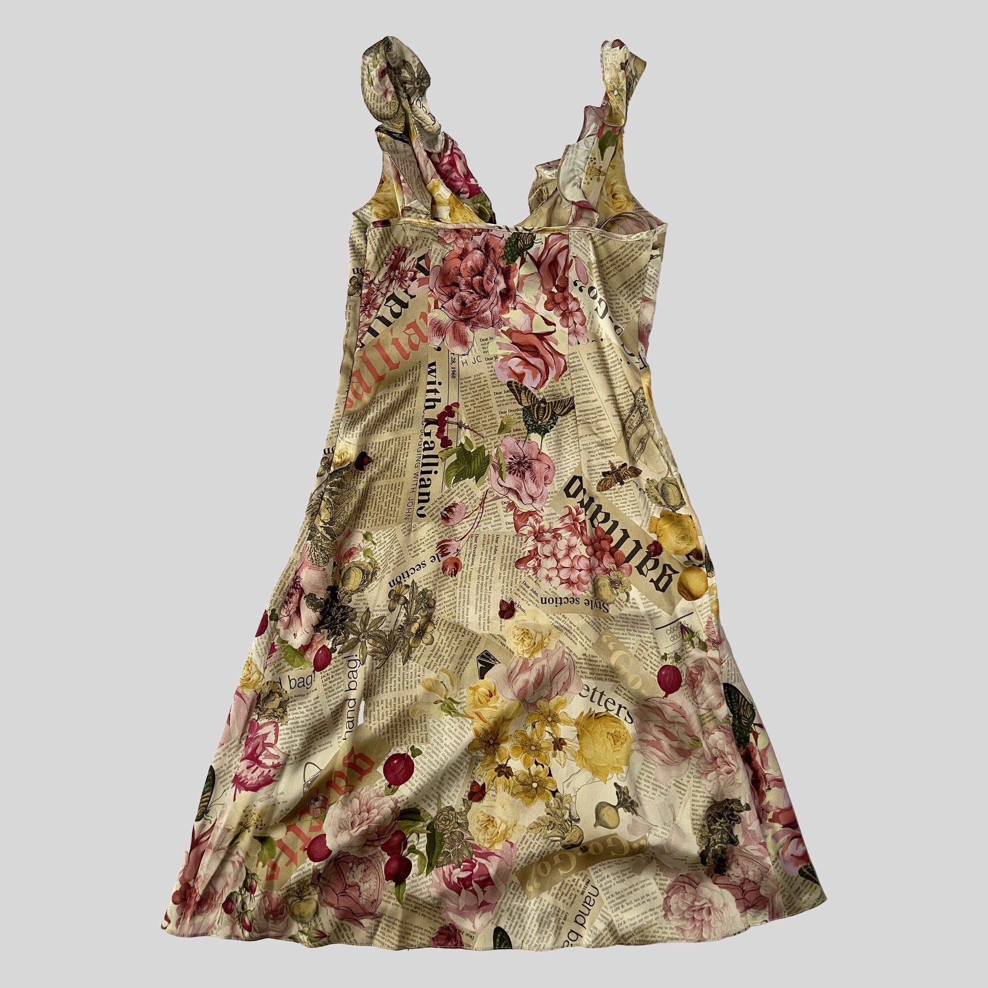 00's John Galliano Floral Newspaper Mid Length Dress - XS