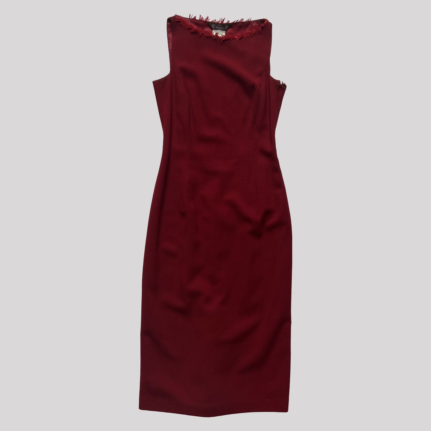 90's Vintage John Galliano Fitted Dress with Feather Neckline in Burgandy - S