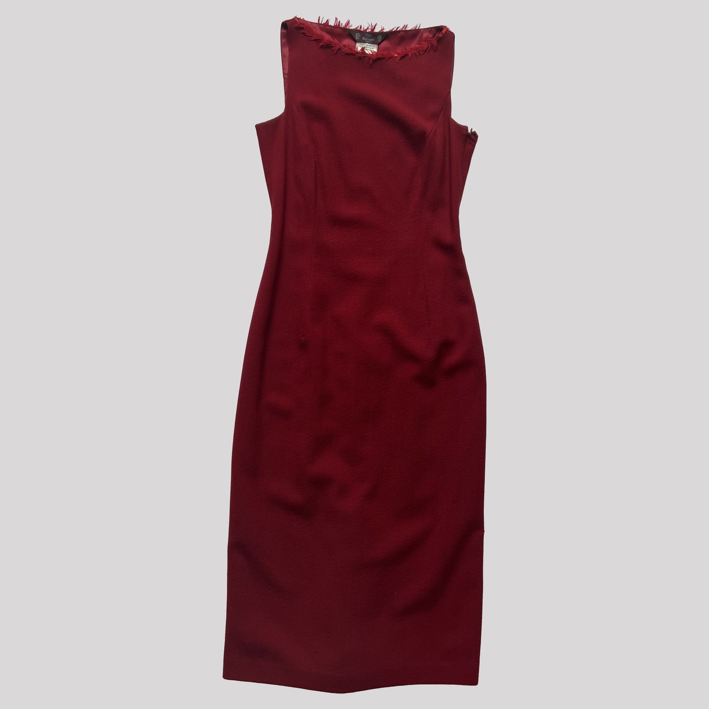 90's Vintage John Galliano Fitted Dress with Feather Neckline in Burgandy - S