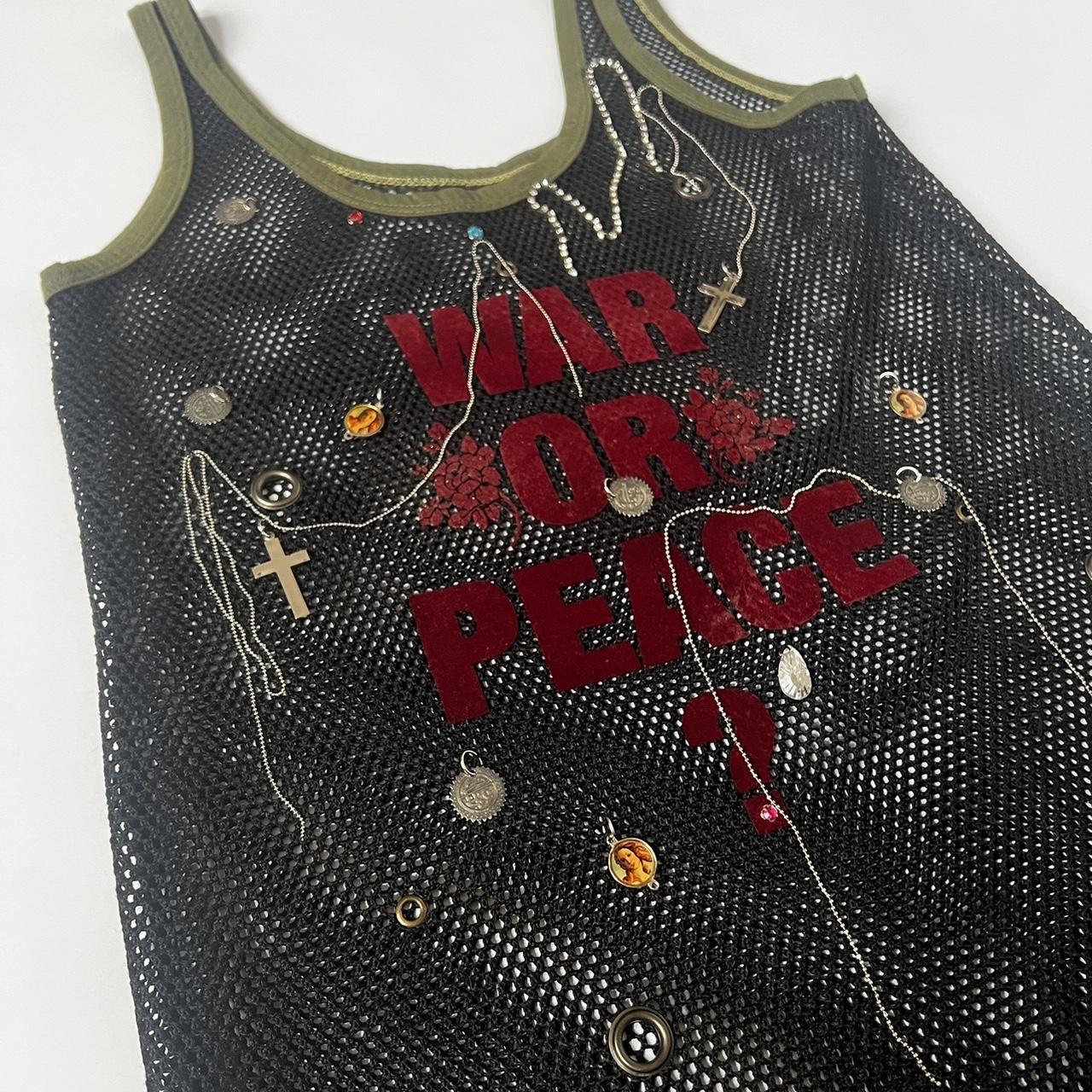 Vintage Embellished Fishnet Vest with "War or Peace?" Graphic and Charms in Black / Khaki