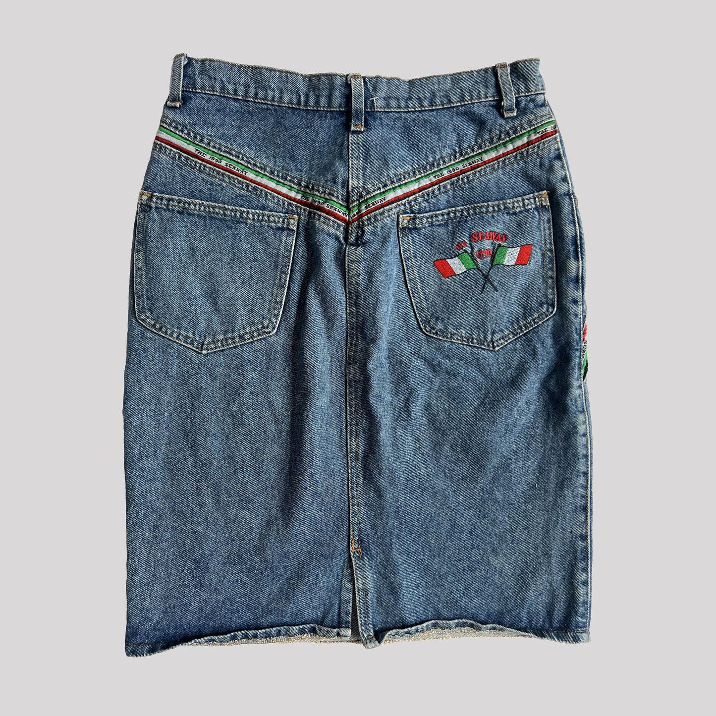 90s Vintage Denim Midi Skirt with Italian Flag Braiding - w28"