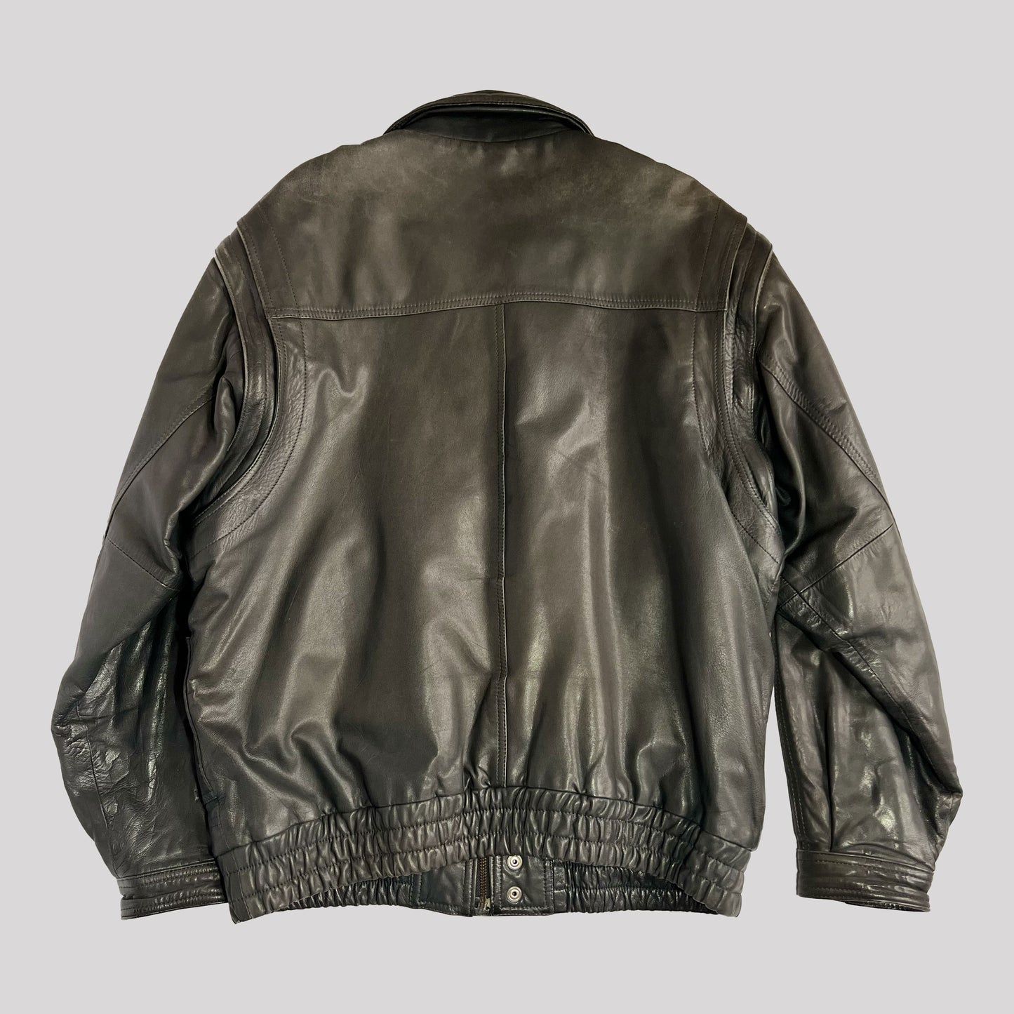 90's Leather Bomber Jacket with Removable Sleeves in Khaki - L