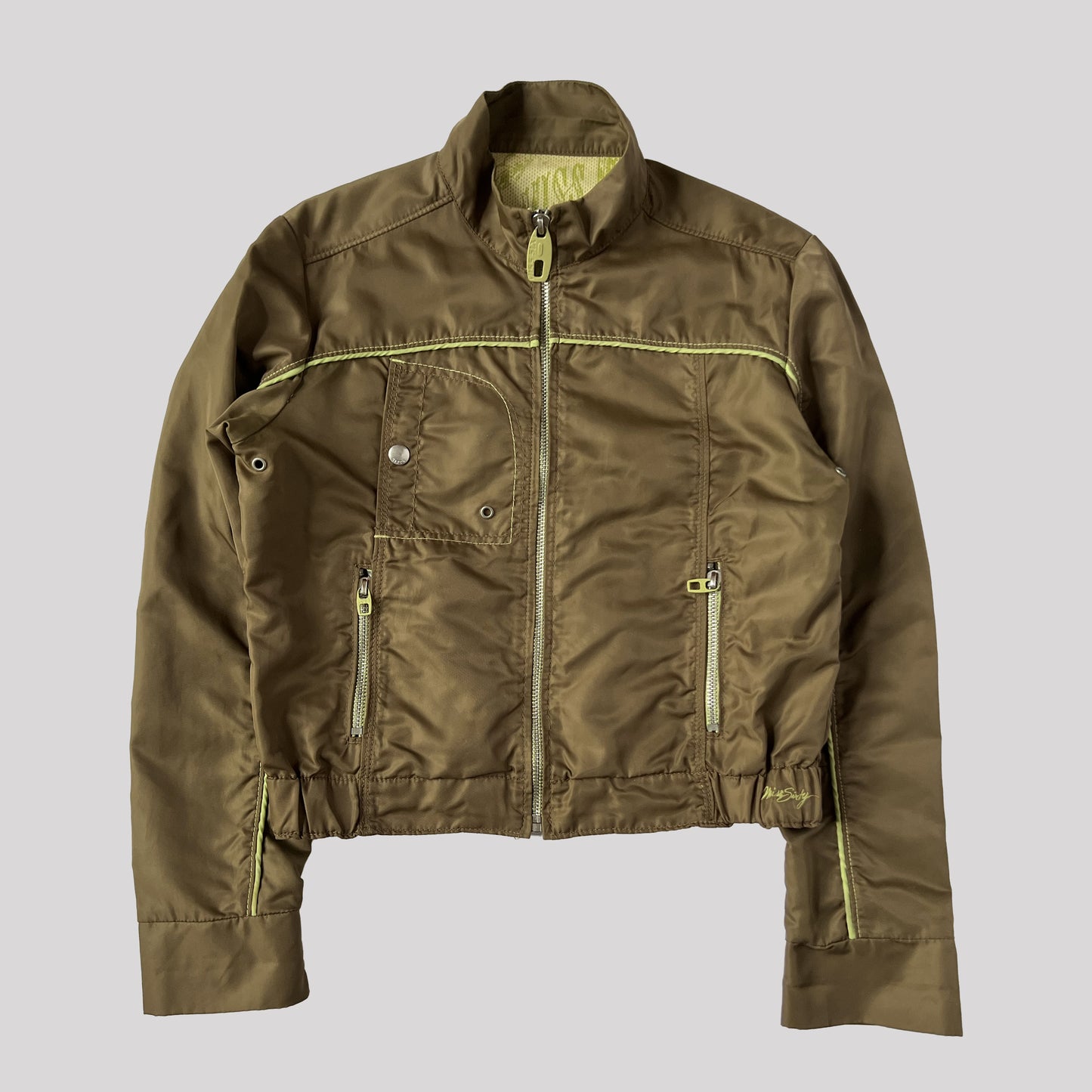 00's Miss Sixty Nylon Bomber Jacket in Khaki with Lime Green Detailing - L