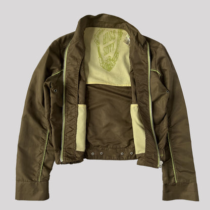 00's Miss Sixty Nylon Bomber Jacket in Khaki with Lime Green Detailing - L