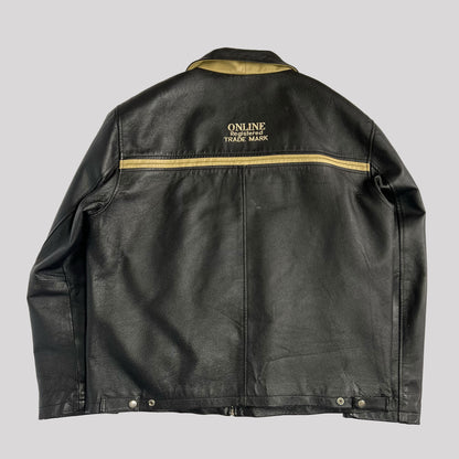 90's Leather Bomber Jacket in Black with Cream Detailing - L