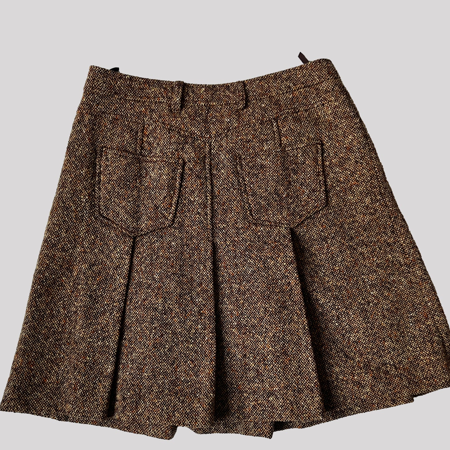 Vintage Miu Miu Pleated Mid Length Skirt in Tan Herringbone - M