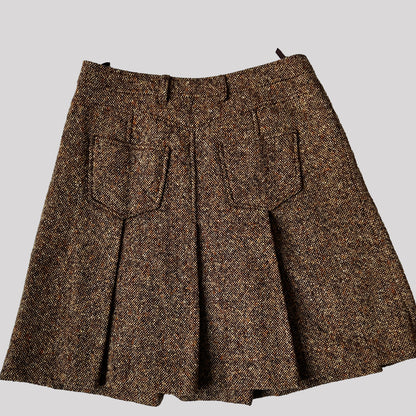 Vintage Miu Miu Pleated Mid Length Skirt in Tan Herringbone - M