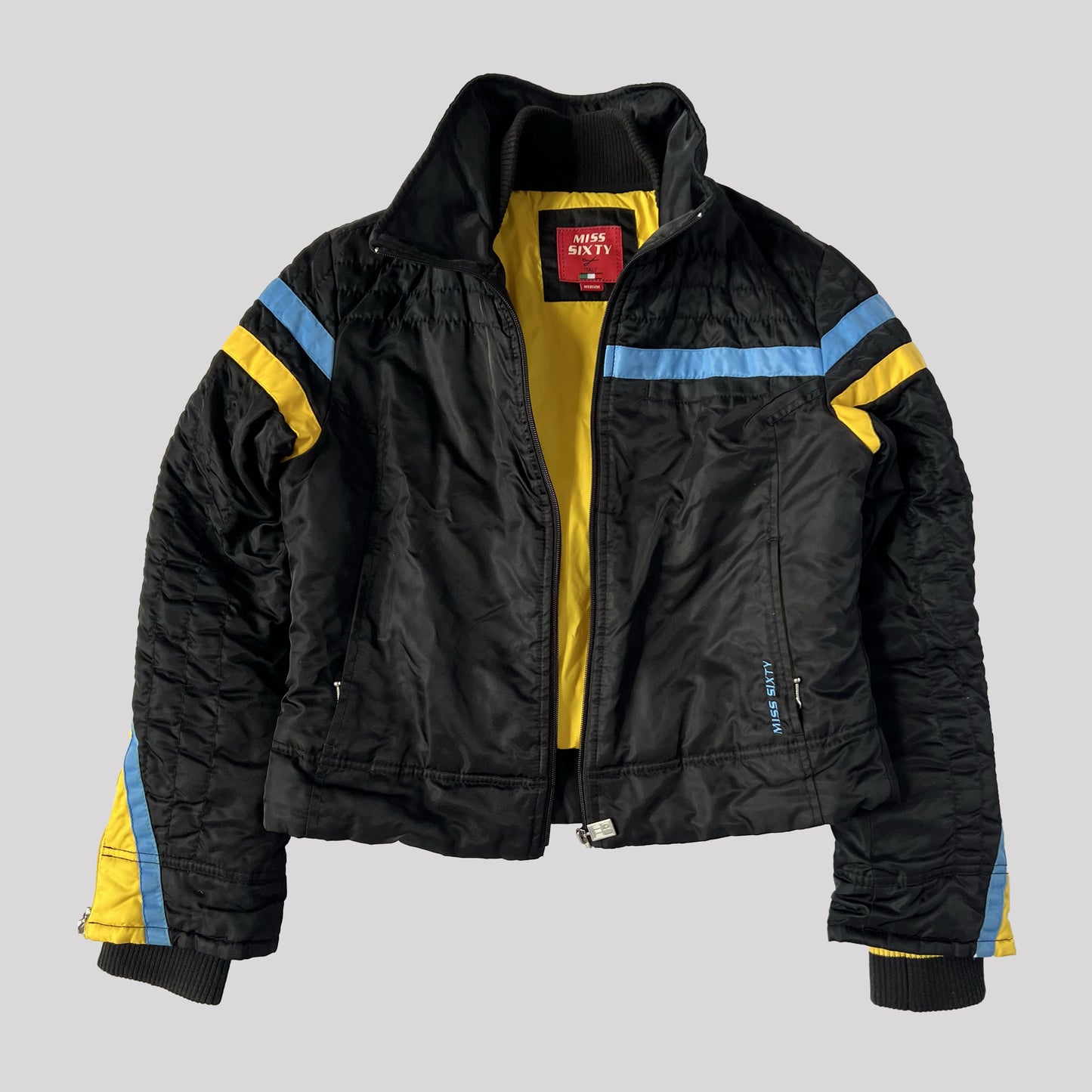 00's Miss Sixty Ski Bomber Jacket in Black, Blue and Yellow - M