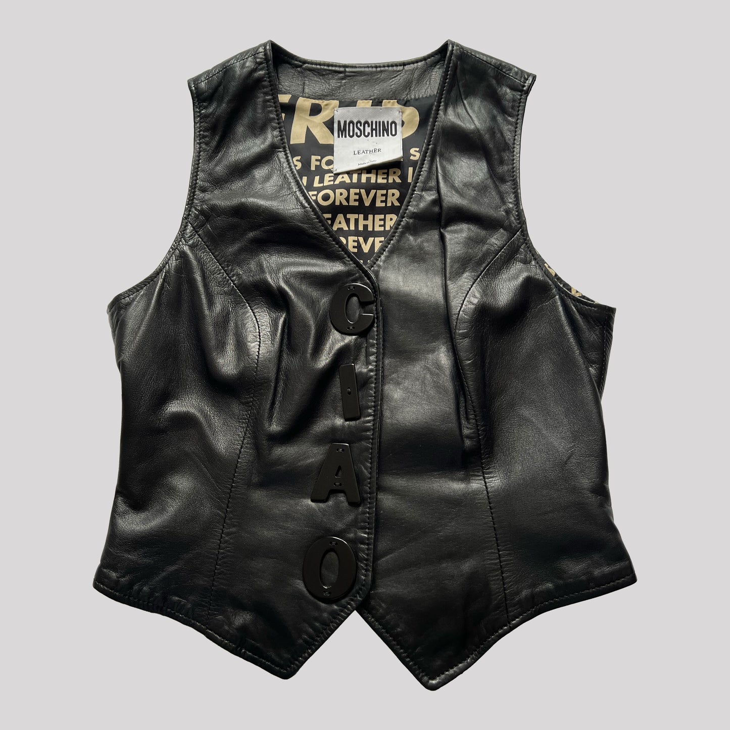 80's Moschino Leather Waistcoat with Perspex Lettering - S