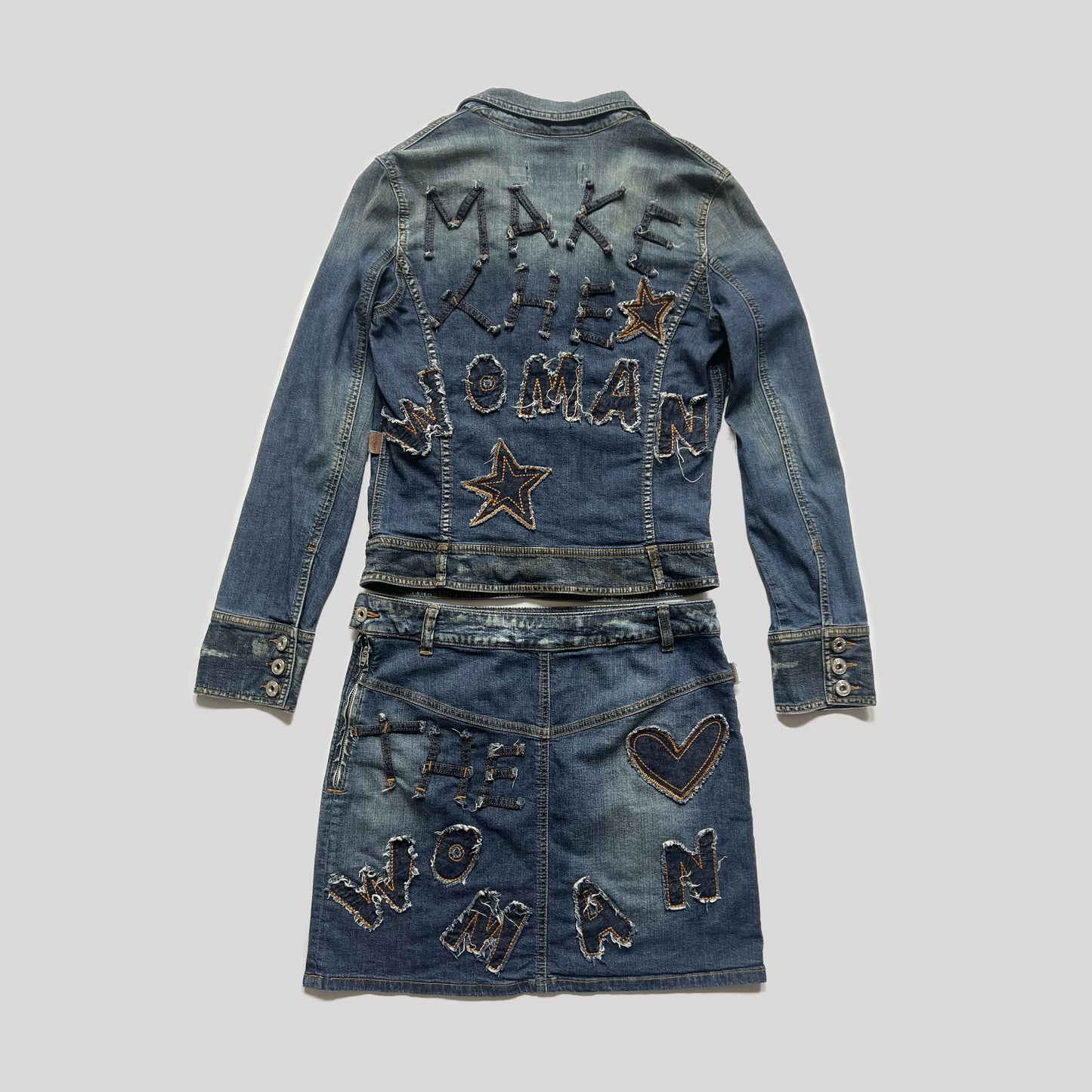 00's Moschino Denim Suit with Applique Lettering - M