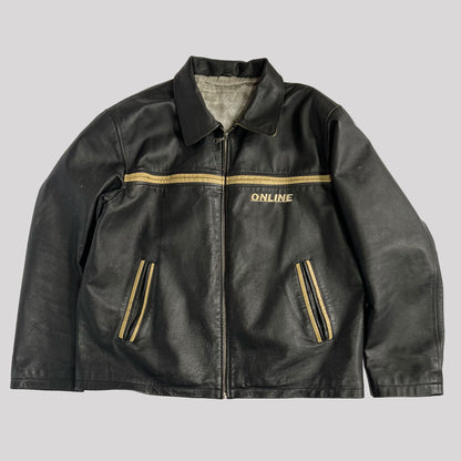 90's Leather Bomber Jacket in Black with Cream Detailing - L