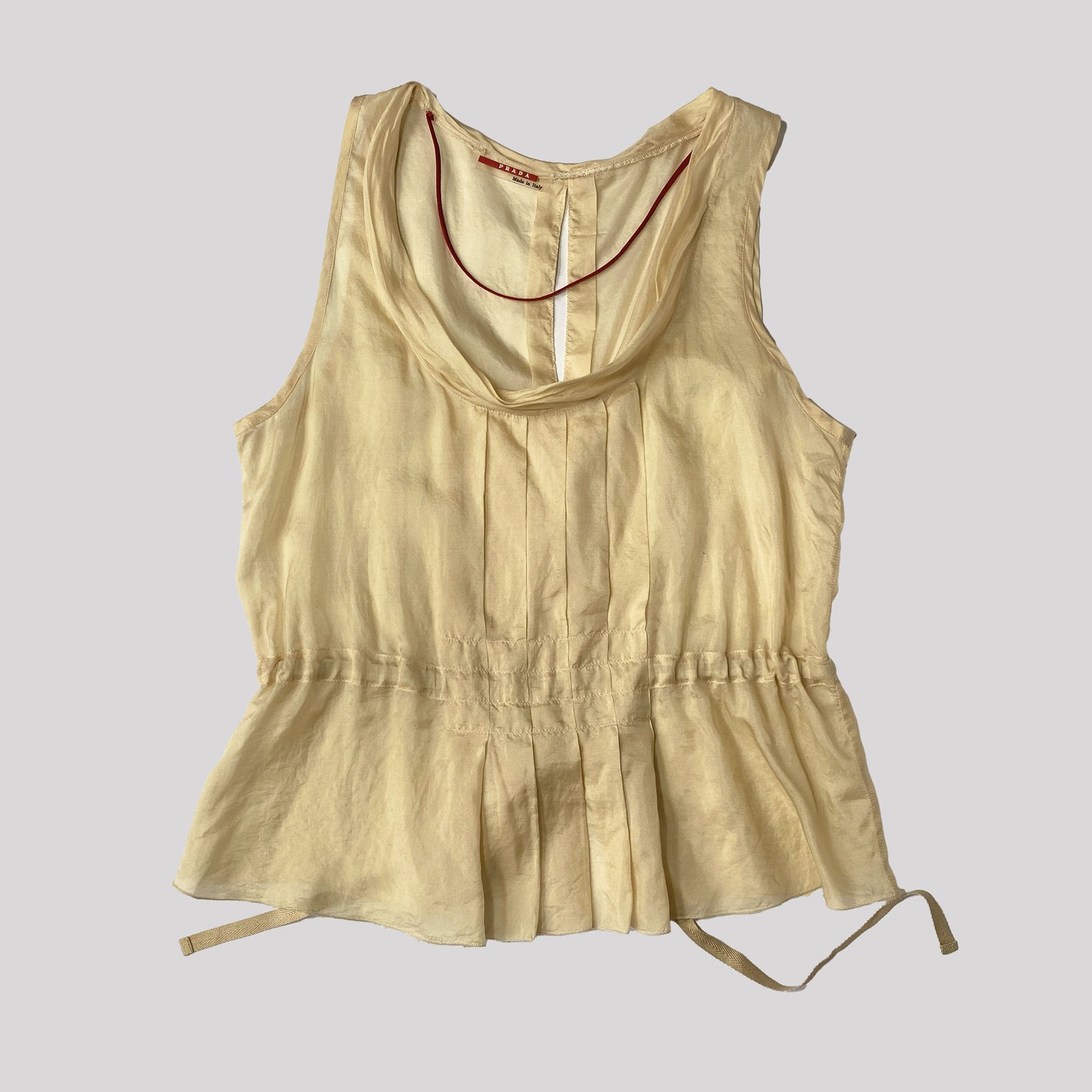 Vintage Prada Sport Silk Vest with Pleats & Waist Tie in Cream - S