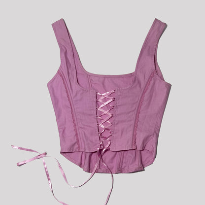 Early 00's Pink Cotton Boned Corset with Lace Trim - S