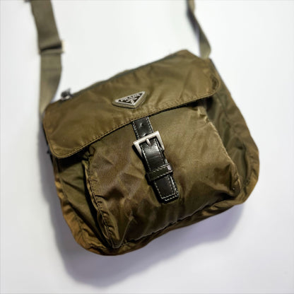 Vintage Prada Tessuto Messenger Crossbody Bag in Olive Green / Khaki