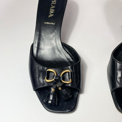 00's Prada Kitten Heel Mules with Tassles in Black Leather - UK 3