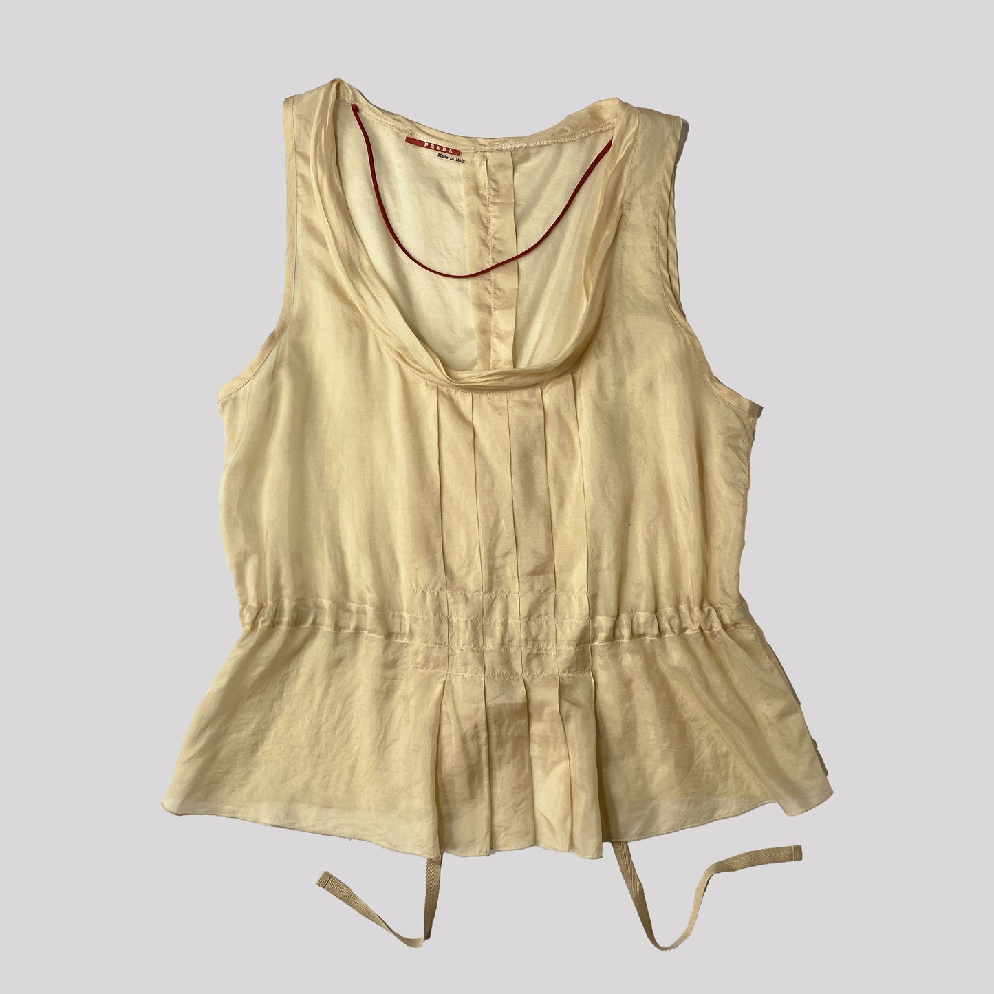 Vintage Prada Sport Silk Vest with Pleats & Waist Tie in Cream - S