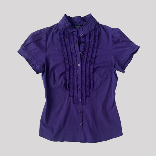 90's Short Sleeved Blouse with Ruffles in Purple Pinstripe - S