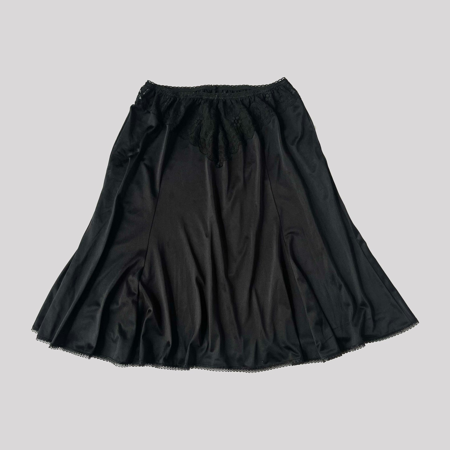 90's Aline Slip Midi Skirt with Lace Cut Out Waist in Black - S