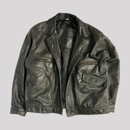 Vintage Heavyweight Leather Bomber Jacket in Black - Large