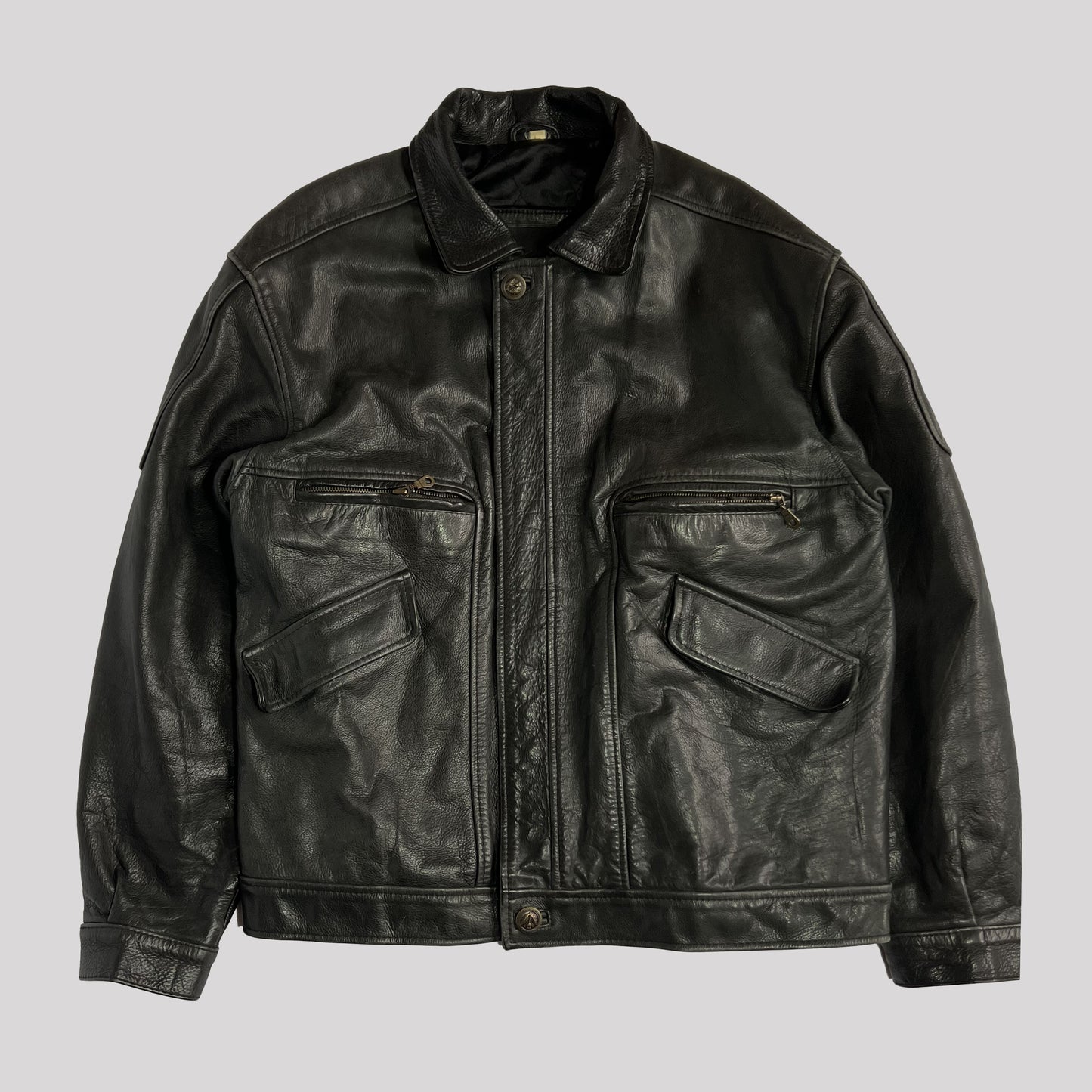 Vintage Heavyweight Leather Bomber Jacket in Black - Large