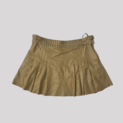 90's Vintage Versace Leather Pleated Mini Skirt with Studded Belt Detail in Tan - M/L