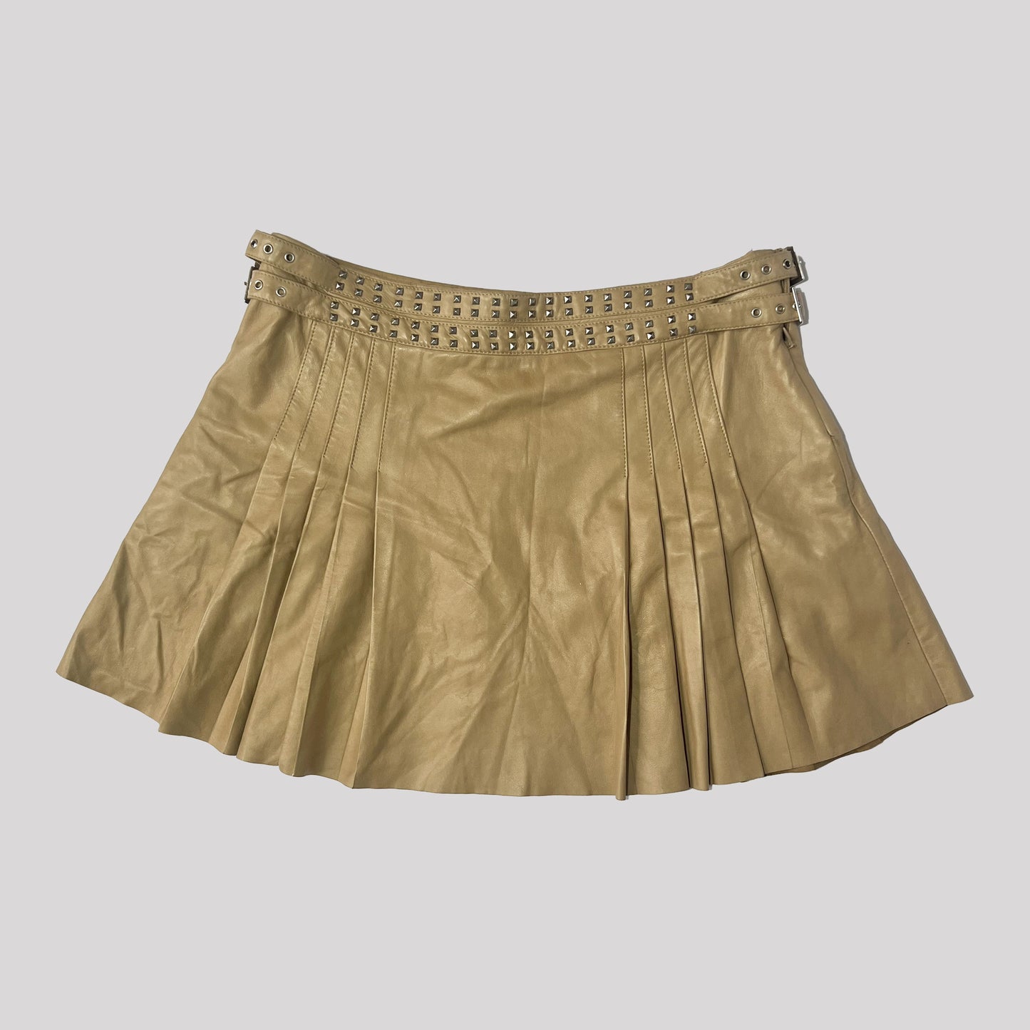 90's Vintage Versace Leather Pleated Mini Skirt with Studded Belt Detail in Tan - M/L