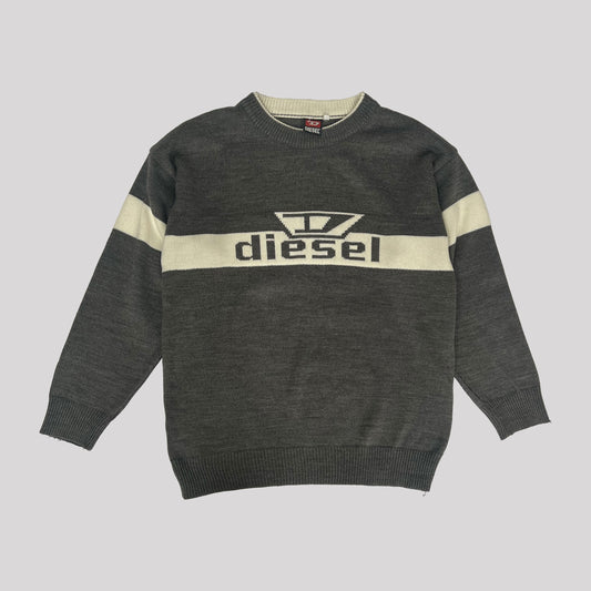 00's Diesel Logo Knit in Grey with White Stripe - M