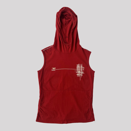 00's Diesel Sleeveless Top with Balaclava Hood in Red - S/M